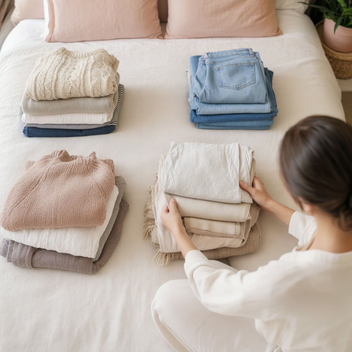 床上分好的四堆衣服——留下、送出、送修、待定