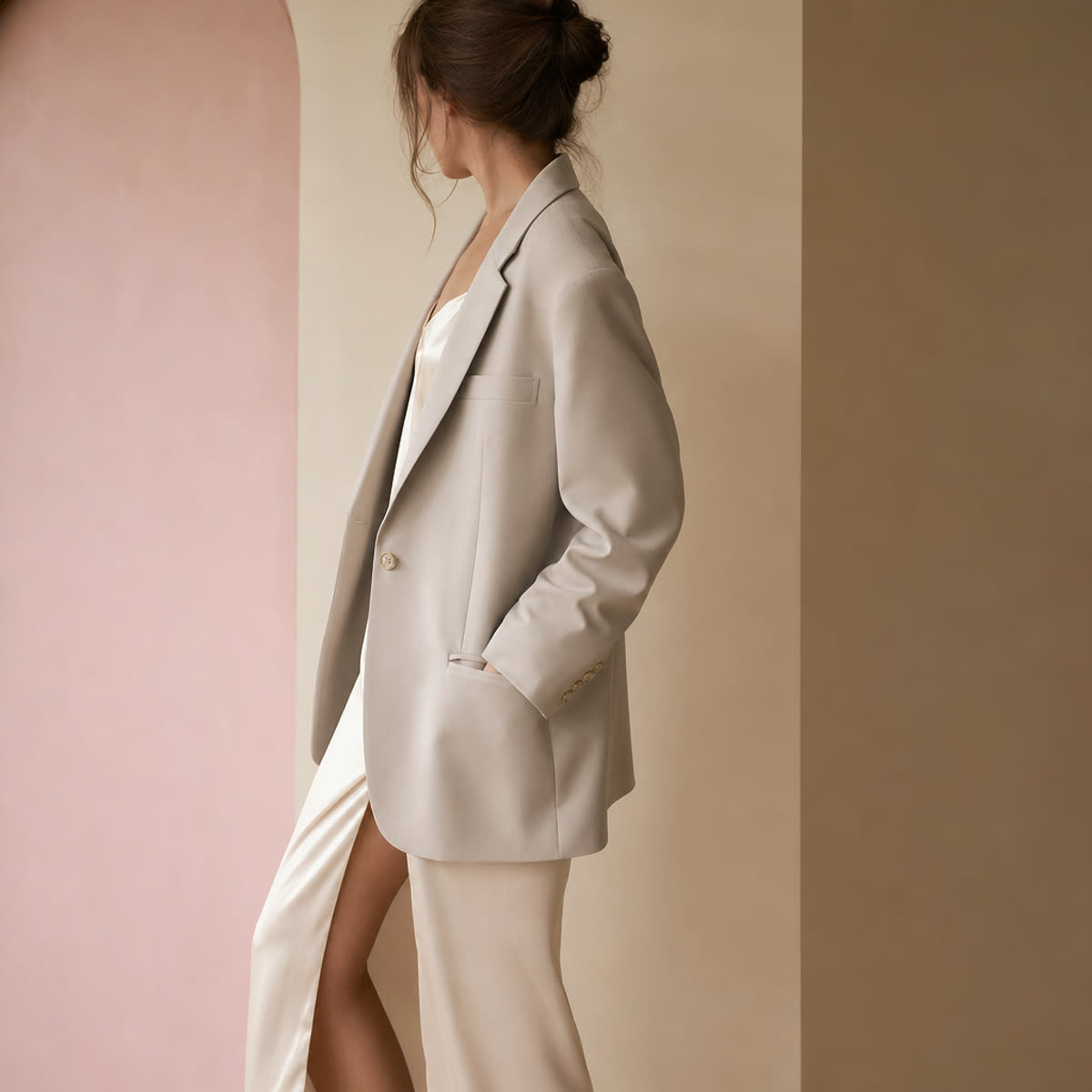 一位女性把 oversize 西装外套穿在吊带裙外，优雅偏正式的西装外套造型