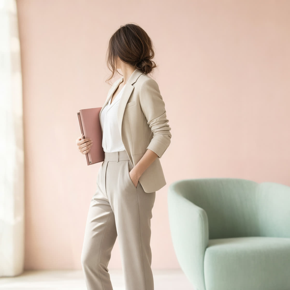 一位女性穿着精致的商务休闲面试造型——西装外套、衬衫、有版型的长裤